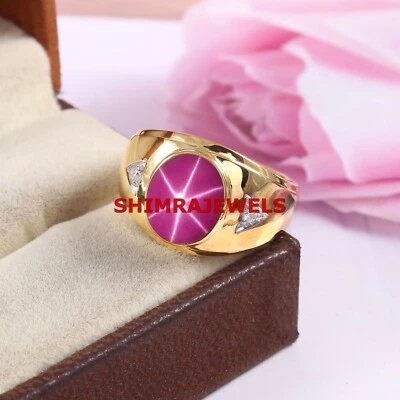 Lab Created Linde Star Ruby With 18K Gold Plated Silver Men's Ring #1122 - Image 1 of 4