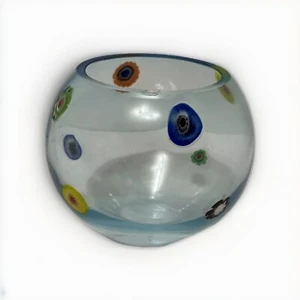 Murano Art Glass Style Turquoise Blue Rose Bowl Multicolor Millefiori Flowers 4” - Picture 1 of 6