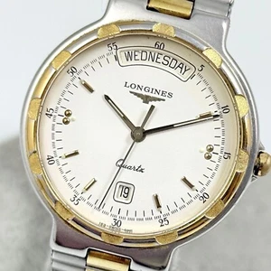 LONGINES CONQUEST L163.2 DAY/DATE MEN'S WHITE VINTAGE WATCH SWISS QUARTZ F754 - Picture 1 of 12
