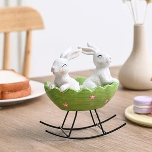 Resin Easter Bunny Decor for Home, 2Pcs White Bunny Figurines in Green Egg Cr... - Picture 1 of 6