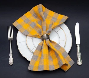 Set of 6 Linen Napkins Yellow Gra Checked Soft Natural Cloth Dinner Wedding gift - Picture 1 of 13