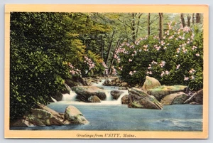 1942  Greetings From Unity, Maine Waldo County Woodland Stream Linen Postcard ME - Picture 1 of 3