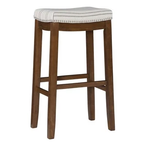 Linon Claridge Bar Stool Natural Striped Padded Seat Wood Frame in Brown Finish - Picture 1 of 14