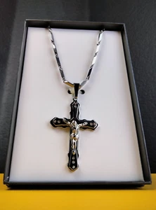 Men's Stainless Steel Crucifix Pendant & Necklace - Picture 1 of 7