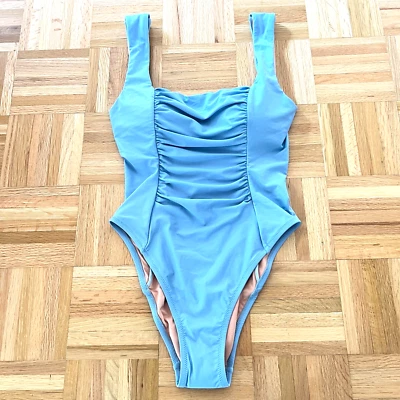 J. Crew 女式 10 码皱褶方领连体泳衣蓝色喷雾全新 BF179 — 第 1/4 张图片