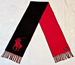 SCARF VINTAGE AUTHENTIC POLO RALPH LAUREN LOGO BURGUNDY BLACK WOOL MEN FRINGE - Picture 1 of 3
