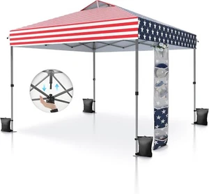 10x10ft Pop Up Canopy Tent for Parties with 4 Wheeled Carry Bag American Flag - Picture 1 of 9