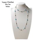Turquoise & Wood Beaded Silver Chain Western Bohemian Long Layered Necklace 32"