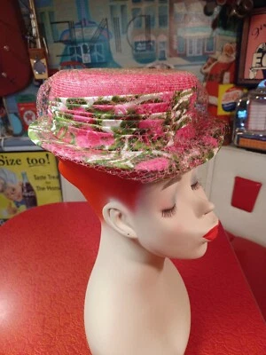 Verdadero De Colección Mediados de Siglo Años 60 UNION LABEL Rosa Floral Tejido Malla Sombrero MOD MCM Foto 1 de 4