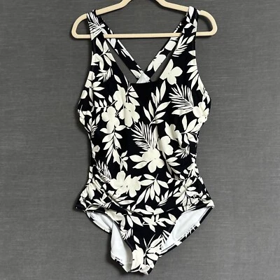 Lands End Swim Suit XL Black Cream Floral Tropical One Piece Ruched Beach Pool - Image 1 of 4