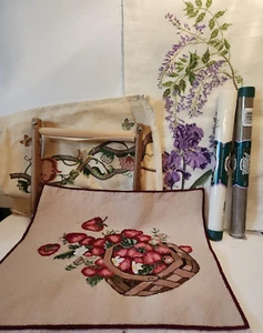 Large Lot Hand Needlework-Wood Work Frame, NIB Aida Cloth, 3 Pieces of Stitching - Picture 1 of 15