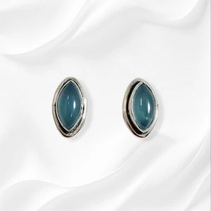 Solid 925 Sterling Silver Stud Earrings With Authentic Chalcedony Blue Gemstones - Picture 1 of 3