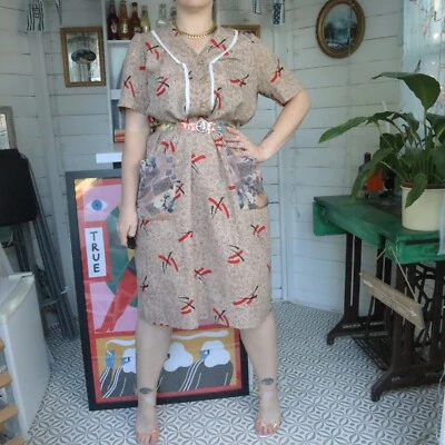 Vestido Midi Mod 16 Vintage Retro Años 60 Marrón Geométrico Abstracto Patrón Loco Estampado Foto 1 de 4