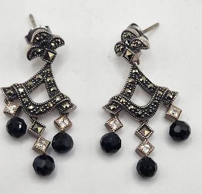 Judith Jack纯银Marcasite穿孔耳环黑色玻璃刻面珠 — 第 1/4 张图片