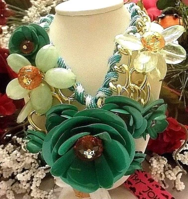BETSEY JOHNSON LOVELY SHADES OF GREEN ENAMEL & BEADED FLORAL CLUSTER NECKLACE - Image 1 of 4