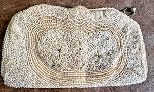 Vintage Ivory Zip Shut Pearls & Beads Purse Bag Belt Hand Loop - Picture 1 of 7