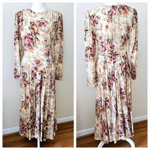 Phoebe Size 10 Vintage Beige Rose Floral Long Sleeved 80s Prairie Fit and Flare - Picture 1 of 23