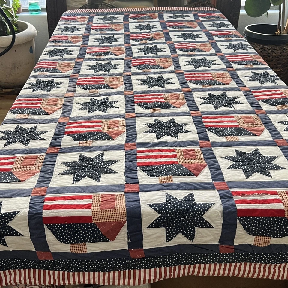 Edredón Vintage Americana Hecho a Mano 95 x 98 en Patriotic Cabin Star Patchwork Foto 1 de 4