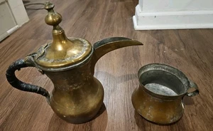 Antique Middle Eastern Arabian Brass Dallah Coffee Pot with Cup 2pc set 1800s - Picture 1 of 15