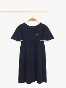 NWT CHLOÉ Girls Size 8 Guipure Trim Flutter Sleeve Knee Length Dress Navy Blue - Picture 1 of 12
