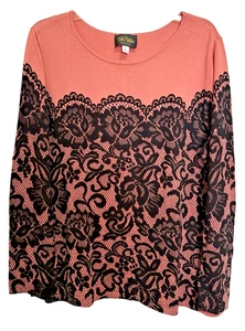 Bob Mackie Wearable Art Soft Coral Black Lace Print Pullover Sweater Sz XL - Picture 1 of 10