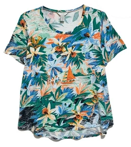 CJ Banks, Multicolor Floral Tropical Print T-Shirt with Stretch, size 1X - Picture 1 of 4