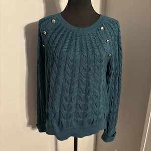 Talbots Knopf Schulter Raglan Zopfmuster Pullover Damen M türkis grob weich - Bild 1 von 13