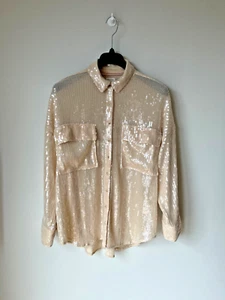 PILCRO SEQUIN SHIRT Cream Beige Tunic L / UK 18-20-22 Oversized Fit 💖 NEW