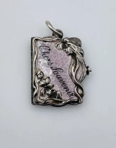 Antique Art Nouveau Sterling Silver Purple Enamel Book Locket Lady Pendant - Picture 1 of 8