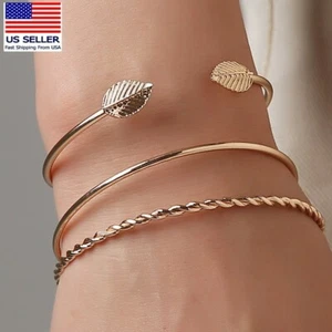 Fashion Women Jewelry Bracelet Set Simple Twist Leaf Open Wrist Cuff Gift 3PC - Picture 1 of 4