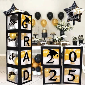 2025 Graduation Party Decoration Black Balloon Boxes with Letters 2025 Grad & so - Picture 1 of 12