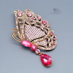 Women Antique Gold Pink Crystal Butterfly Teardrop Pendant Brooch Pin Gift 220 - Picture 1 of 4