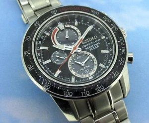 Seiko Sportura Perpetual Solar Silver Black Chronograph Quartz Wristwatch 45 MM - Picture 1 of 8