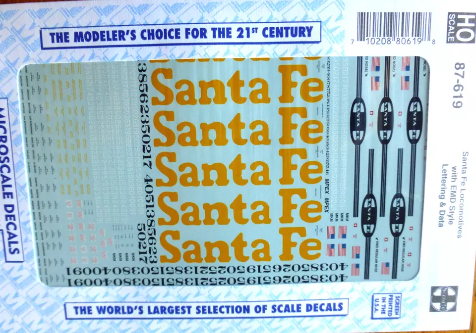 Microscale Decal HO  #87-619 Santa Fe Diesel Hoods with Original EMD Style Lett. - Image 1 of 1
