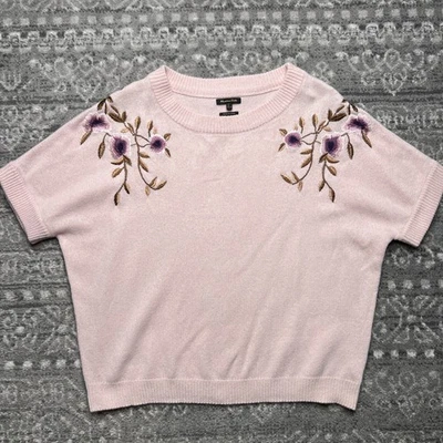Massimo Dutti Short Sleeve Sweater Large Pale Pink Floral Embroidered Wool Blend - Image 1 of 4