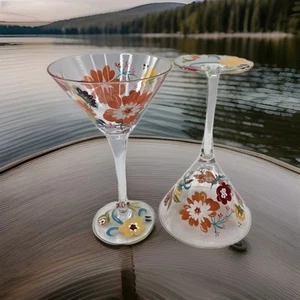 Pier 1 One Spring Summer Floral Glass Martini Glasses Hand Painted Set of 2 - Picture 1 of 7