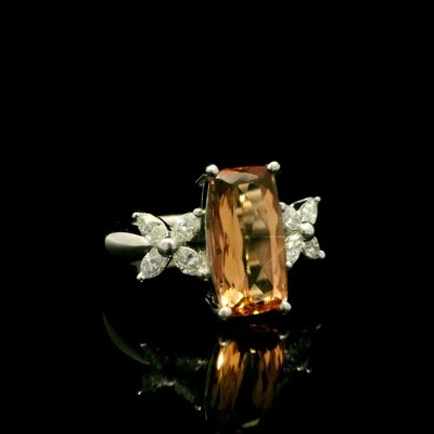 Platinum 3.26ctw Long Cushion Precious Orange Topaz Marquise Sides Diamond Ring - Image 1 of 4