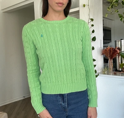 Suéter Ralph Lauren Vintage Mujer Talla M Verde Tejido con Cable 100% Algodón Pullover Foto 1 de 4