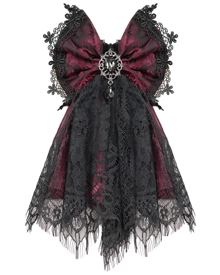 Devil Fashion Gothic Bow Cravat Jabot Tie Red Jacquard Black Lace Steampunk - Image 1 of 4