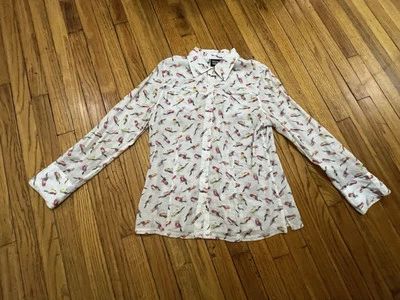 Camisa Blusa Sharon Young Abotonada Transparente Estampado de Pájaros Manga Larga Para Mujer 6 Foto 1 de 4