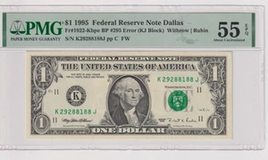 Fr 1922-Kbpe 1995 $1 FRN K29288188J fp370 PMG 55EPQ DALLAS BACKPLATE ERROR #295 - Picture 1 of 2