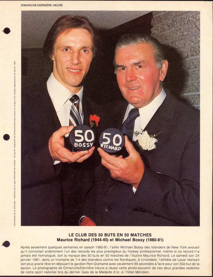 Mike Bossy & Maurice Richard 1981 paquete de 50 goles 8X11 foto revista francesa Foto 1 de 1