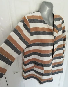 Nina Murati O/S Brown Navy White Stripe Open Lagenlook Jacket Top 100% Linen - Picture 1 of 7