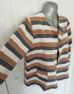 Nina Murati O/S Brown Navy White Stripe Open Lagenlook Jacket Top 100% Linen - Image 1 of 4