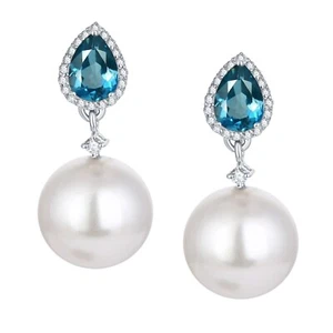14mm Shell Pearl Dangle Earring London Blue Topaz Women's Jewelry for Her - Picture 1 of 4