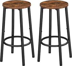 2 x Industrial Rustic Brown Round Wooden Bar Pub Kitchen Stools Chairs Seats