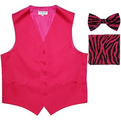 New Men's Formal Vest Tuxedo Waistcoat hot pink ZEBRA Bowtie & Hankie set prom - Image 1 of 4
