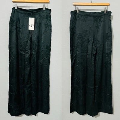 Pantalones de salón Zara de lujo verde bohemio bordado efecto satinado pierna ancha talla L Foto 1 de 4
