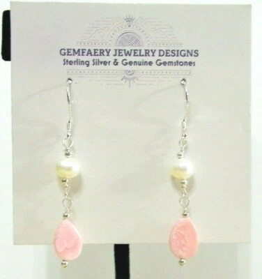 Sterling Silver Natural RHODOCHROSITE & PEARL Dangle Earrings #42...Handmade USA - Imagem 1 de 4