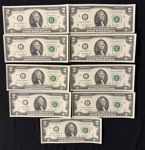 Lot von 9 ~ 2013 Jefferson Zwei-Dollar-Scheinen, in SEQUENZIELLER #-Ordnung - Stempelglanz - Bild 1 von 2